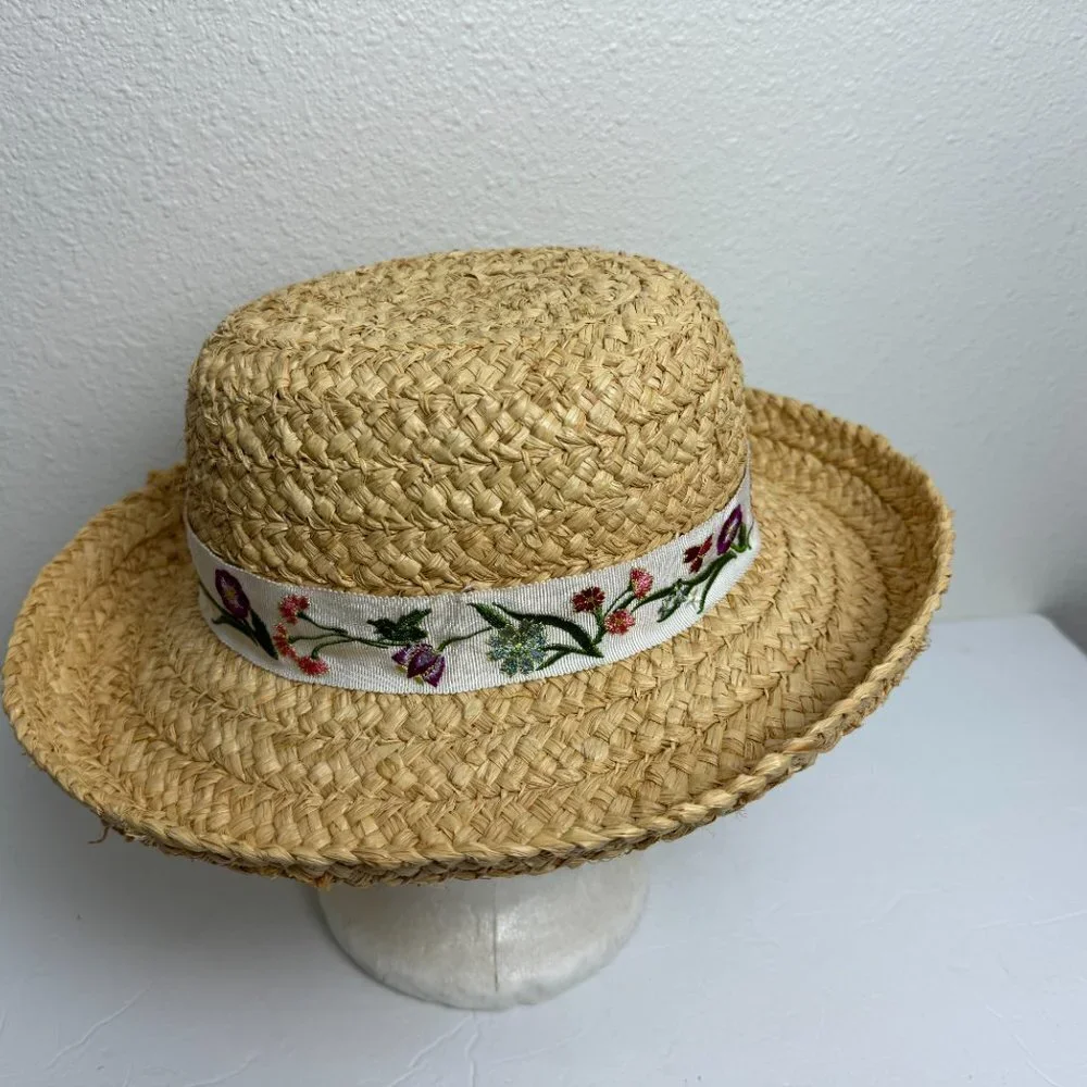 Liz Claiborne Woven Straw Raffia Sun Garden Beach Hat Natural Size 23
